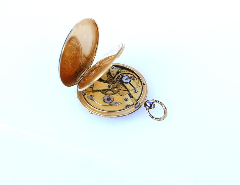 Le Roy Painted Enamel Gold French Ladies Pocket Watch Original Case
