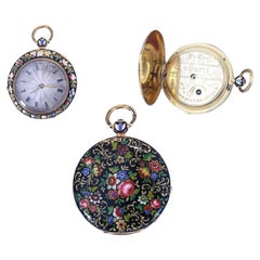 Le Roy Painted Enamel Gold French Ladies Pocket Watch Original Case, 1890