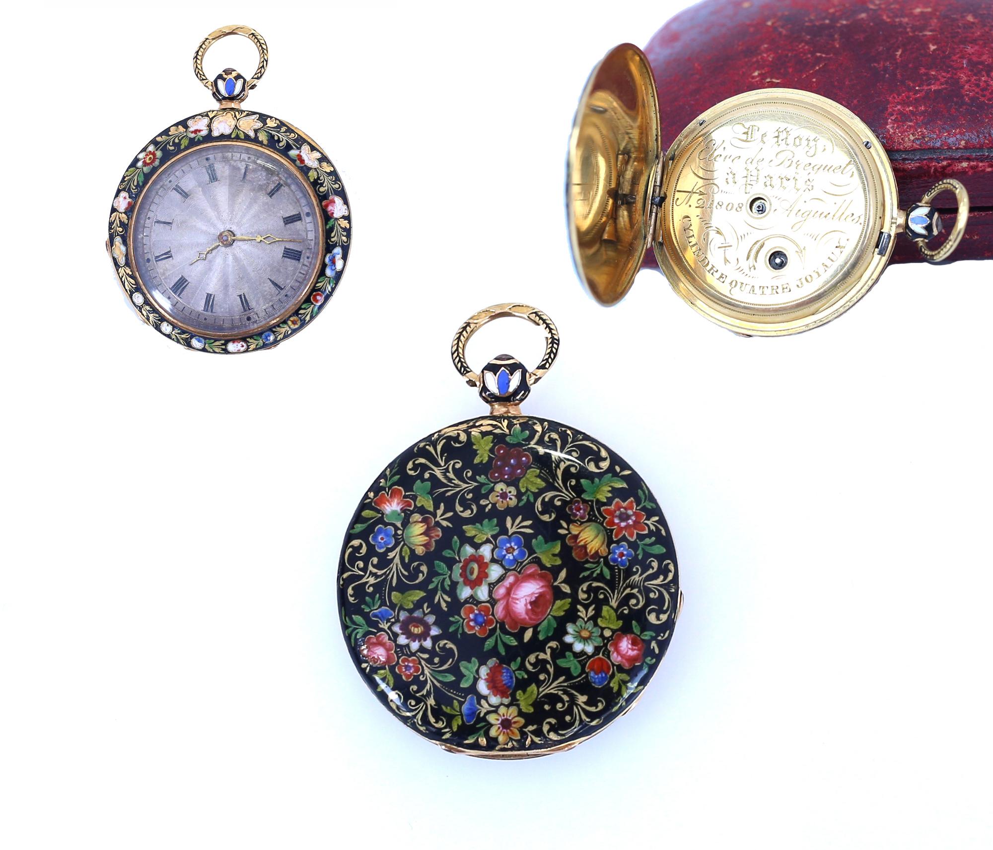 Pocket Watch Pendant Le Roy Ladies Painted Enamel Gold French in Original Case.

Le Roy French Pocket Watch Painted Enamel Silver with guilloche dial and original case. 
A highly collectable item. Clearly, a watch specially made for a high society