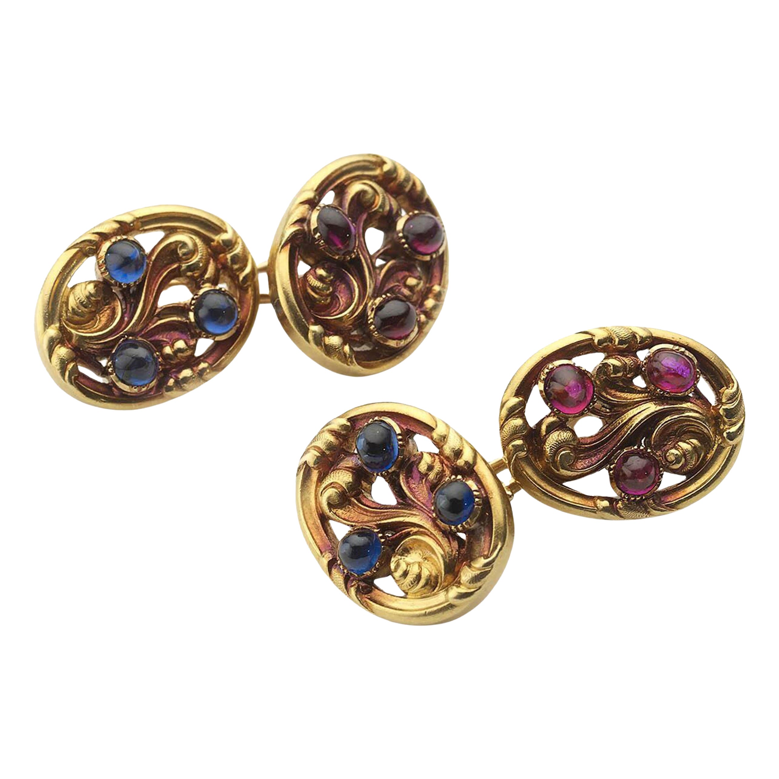 Le Saché Tiffany & Co. Art Nouveau Sapphire Ruby and Gold Cufflinks, Circa 1890