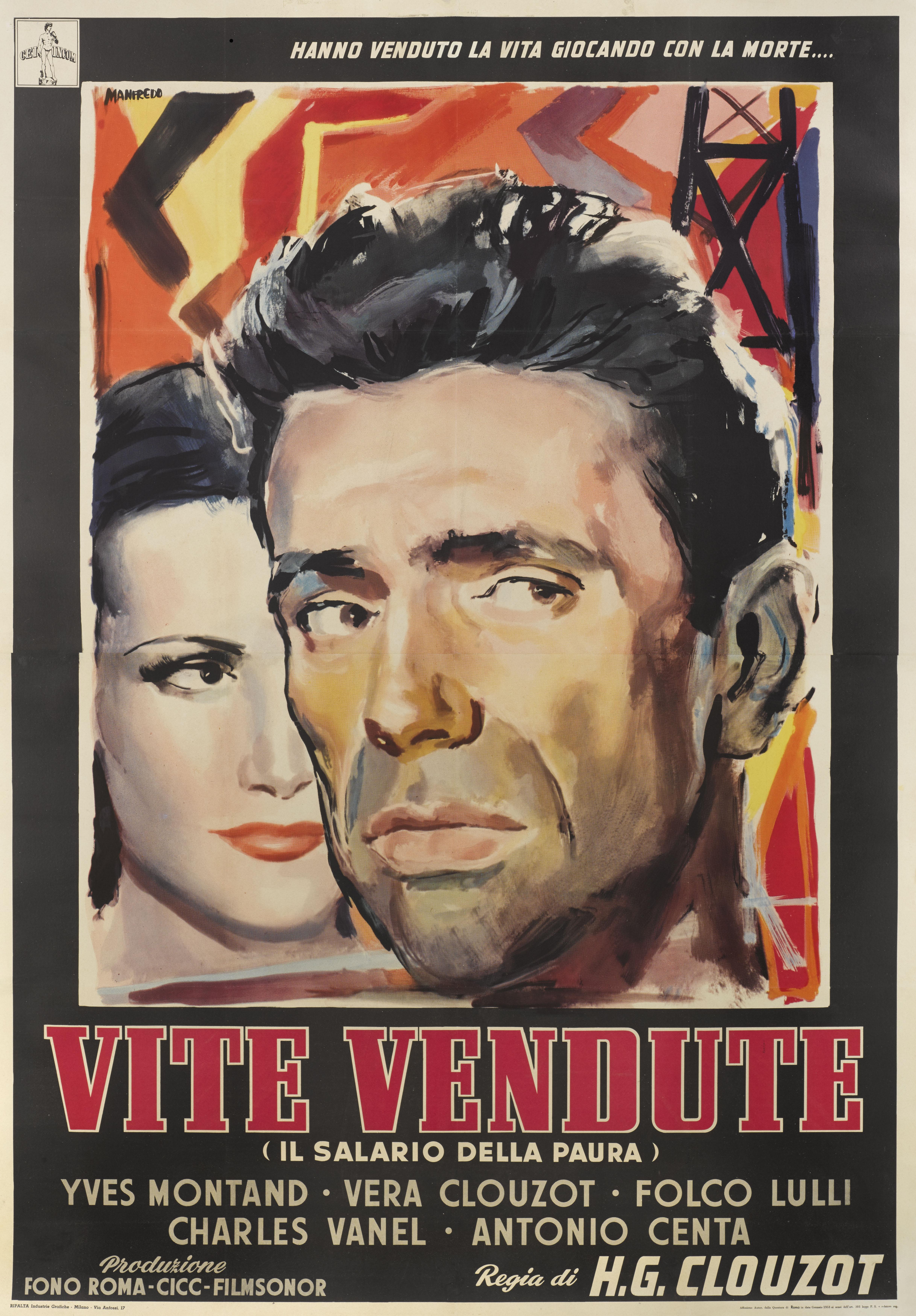 Original Italian film poster for the 1953 adventure thriller film Le Salaire de la Peur / The Wages of Fear.
This film was directed by Henri-Georges Clouzot. Yves Montand, Charles Vanel. 
The artwork on this poster is by Manfredo Acerbo