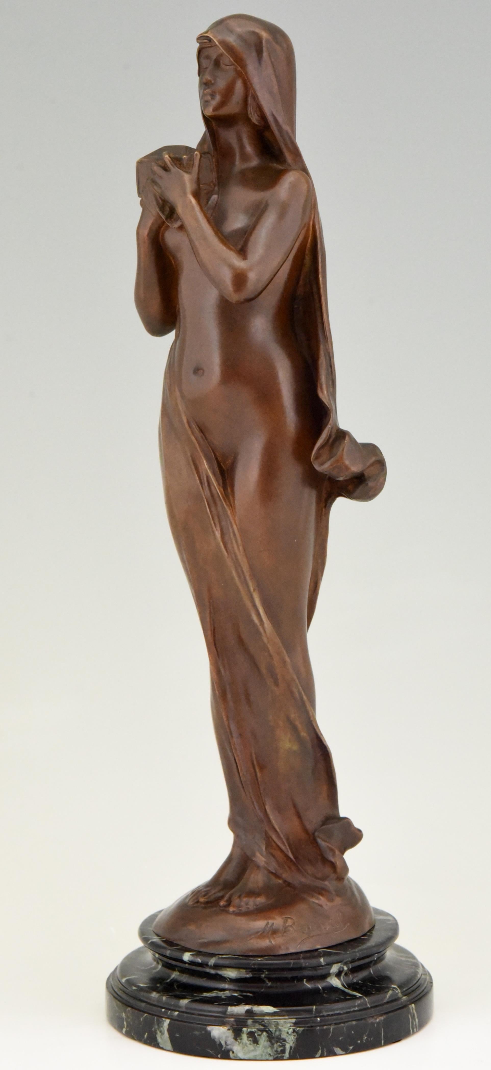 Early 20th Century Le Secret Art Nouveau Bronze Sculpture Nude with Casket Maurice Bouval, 1900