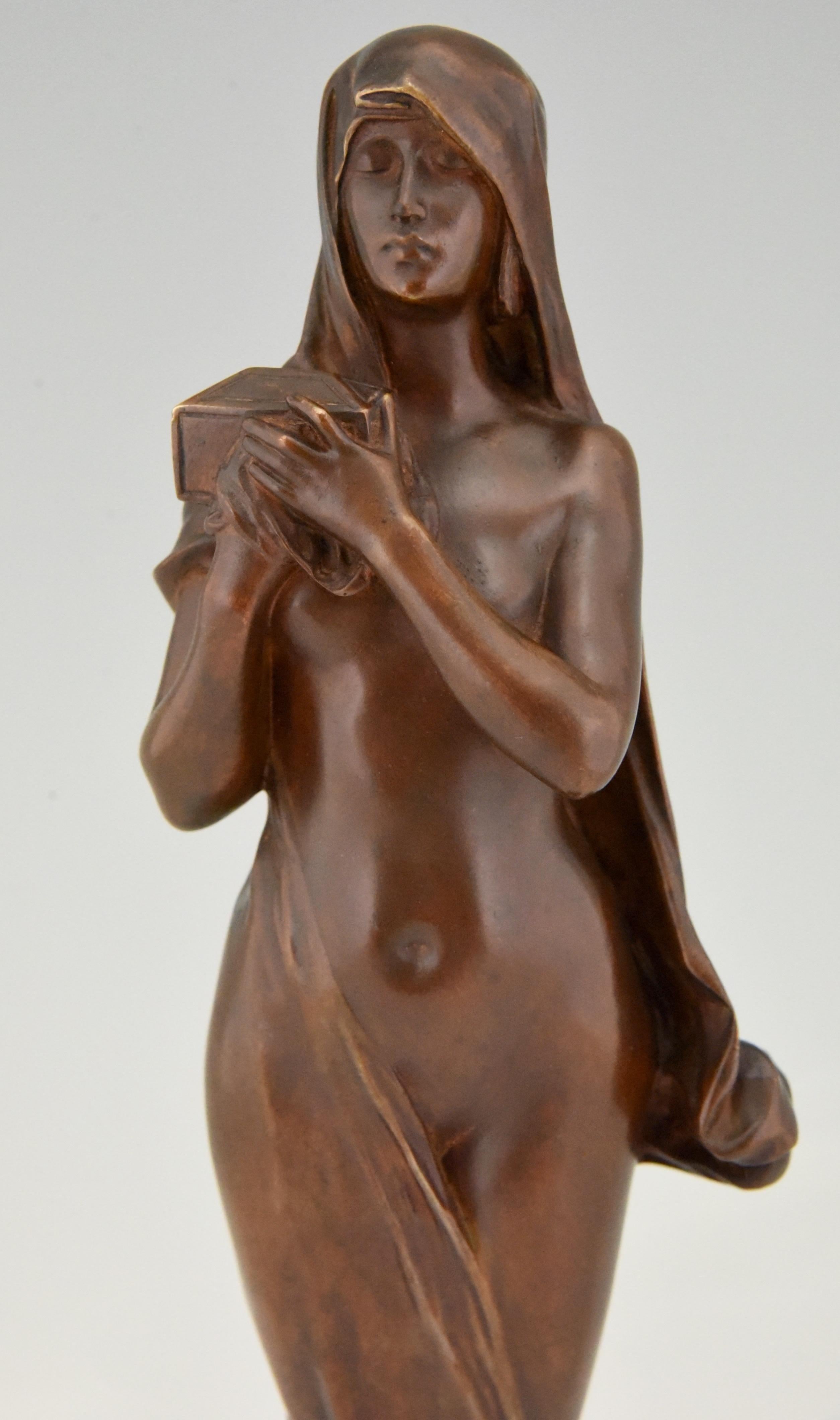 Le Secret Art Nouveau Bronze Sculpture Nude with Casket Maurice Bouval, 1900 1