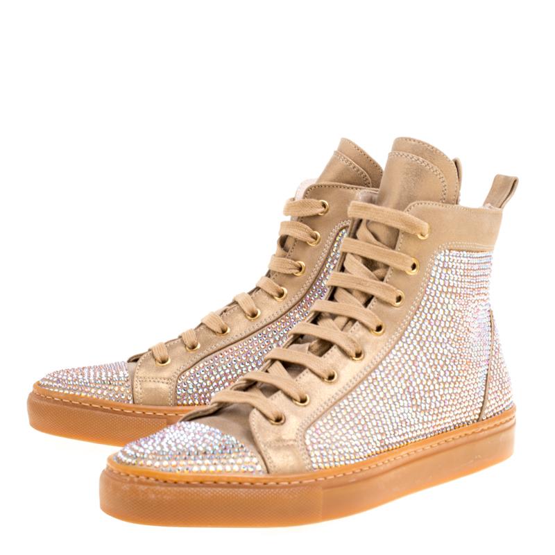 Le Silla Beige Crystal Embellished Leather High Top Sneakers Size 37 In Good Condition In Dubai, Al Qouz 2