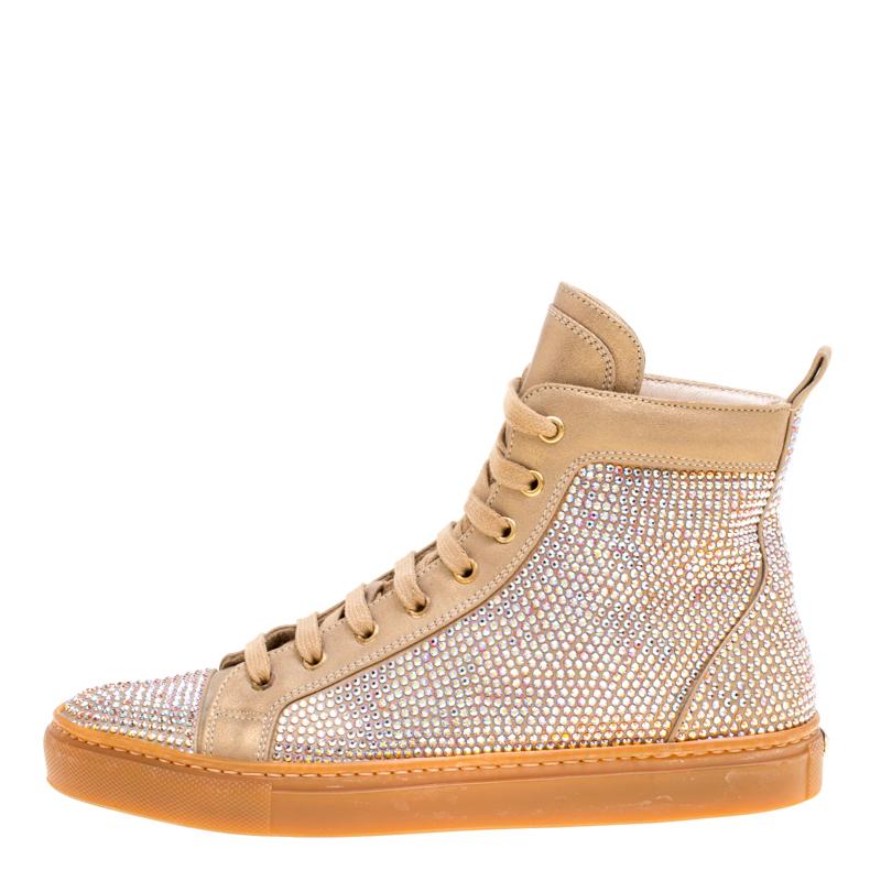 Le Silla Beige Crystal Embellished Leather High Top Sneakers Size 37 2