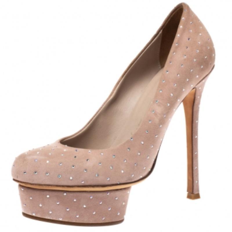 Le Silla Beige Plateau-Pumps aus Wildleder mit Kristallverzierung aus Wildleder Größe 36 Damen im Angebot