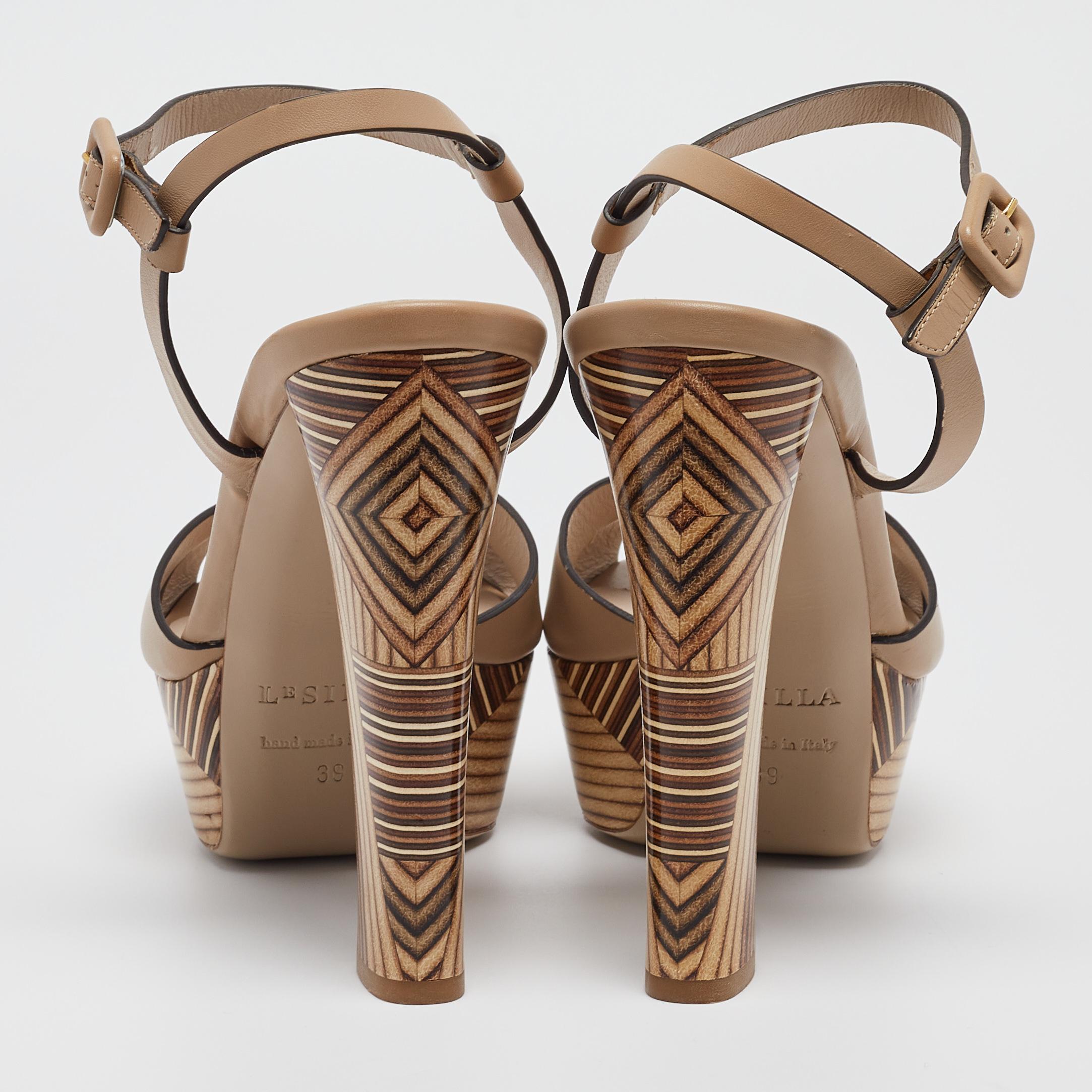 Le Silla Beige Leather Ankle Platform Ankle Strap Sandals Size 39 In Excellent Condition For Sale In Dubai, Al Qouz 2