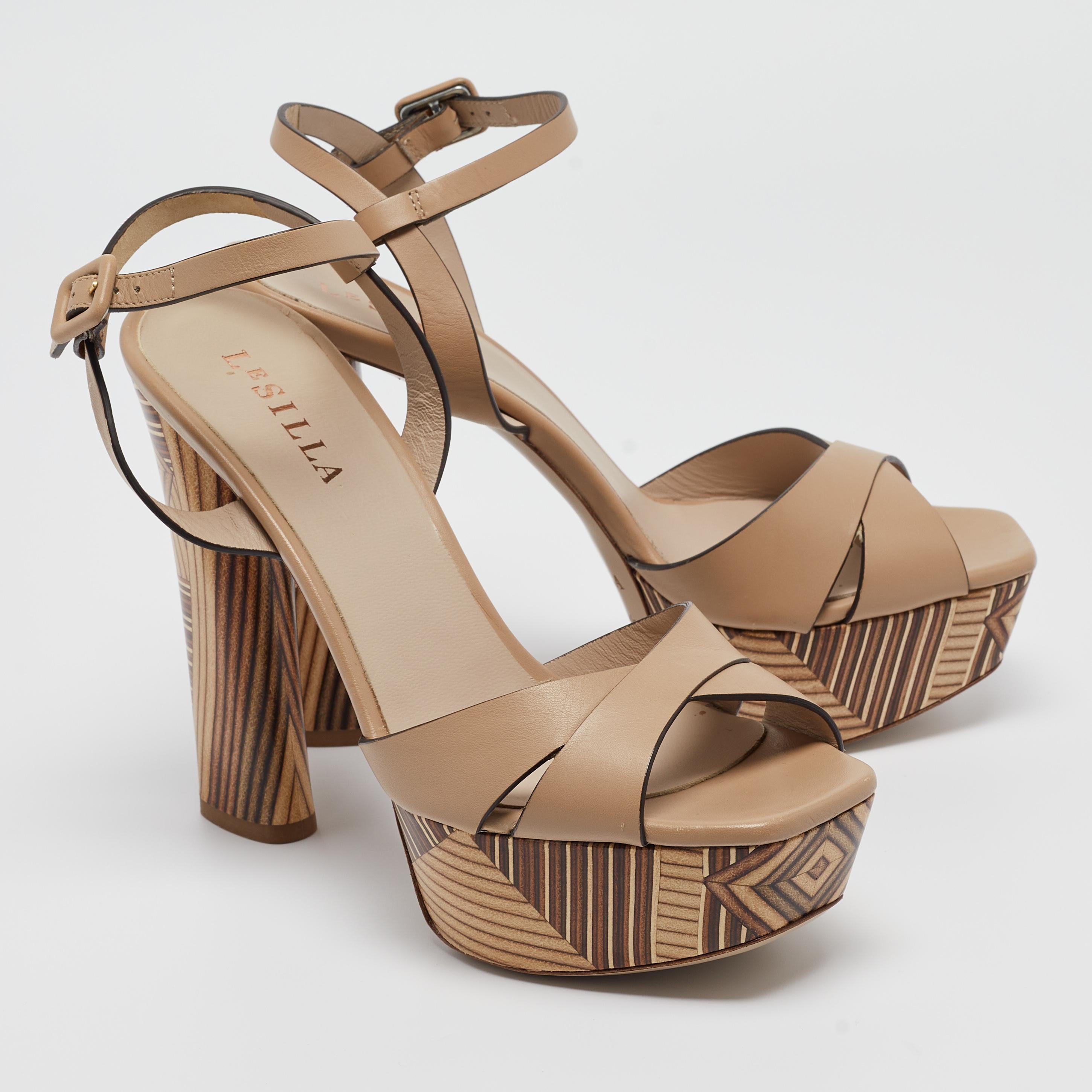 Le Silla Beige Leather Ankle Platform Ankle Strap Sandals Size 39 For Sale 1