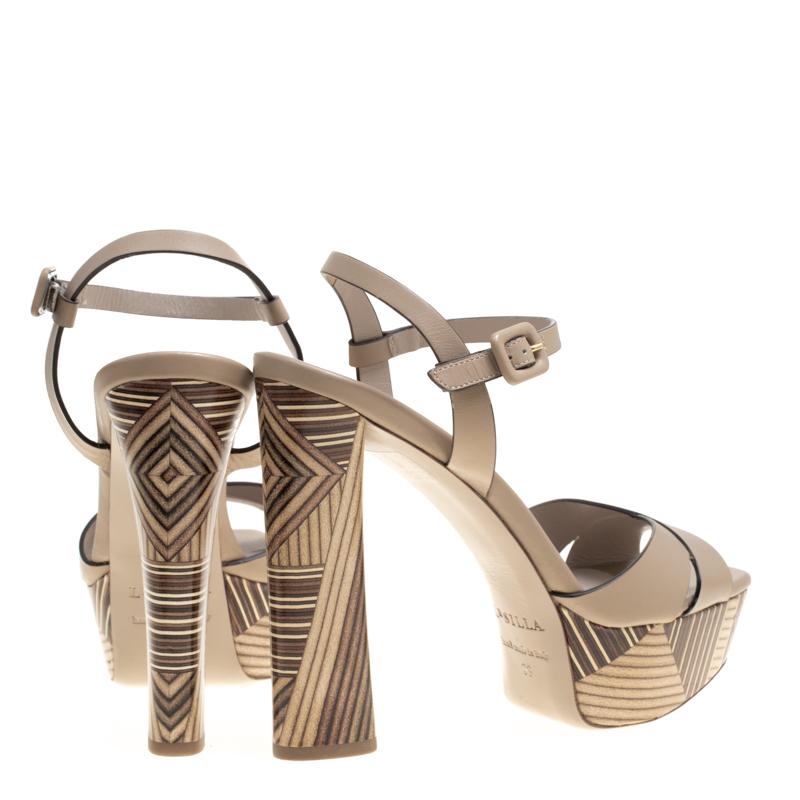 Le Silla Beige Leather Ankle Strap Block Heel Platform Sandals Size 39 In New Condition In Dubai, Al Qouz 2