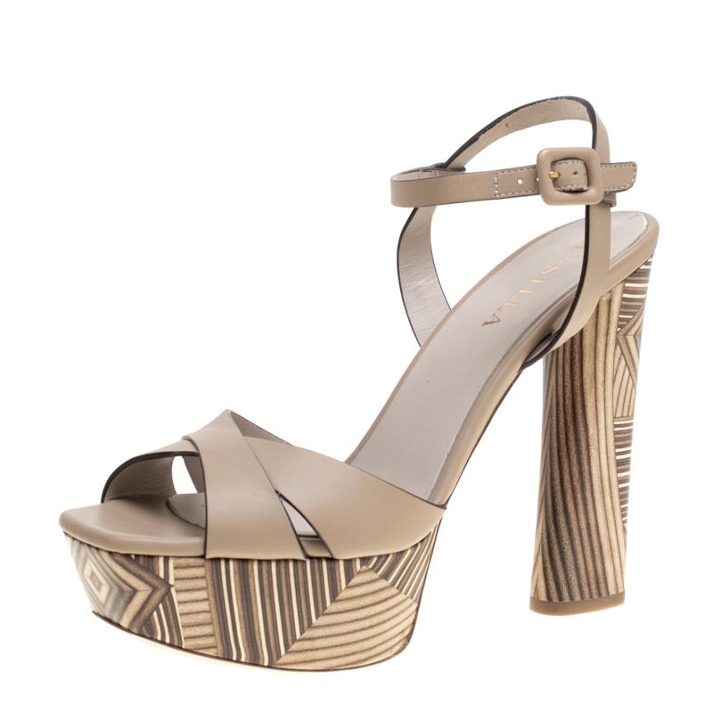 Le Silla Beige Leather Ankle Strap Block Heel Platform Sandals Size 39