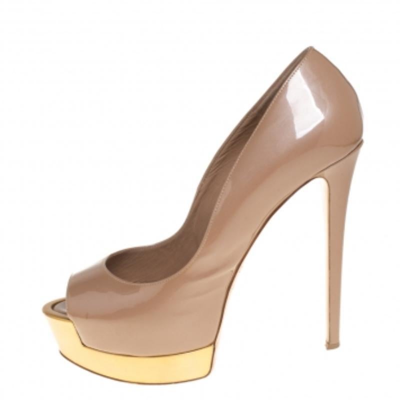 Le Silla Beige Patent Leather Peep Toe Platform Pumps Size 38 For Sale 2