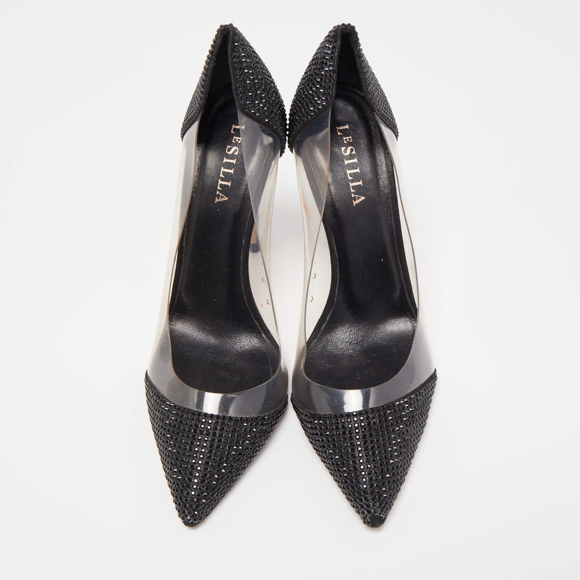 Le Silla Black Crystal Embellished Leather and PVC Pointed Toe Pumps Size 40 In Good Condition For Sale In Dubai, Al Qouz 2