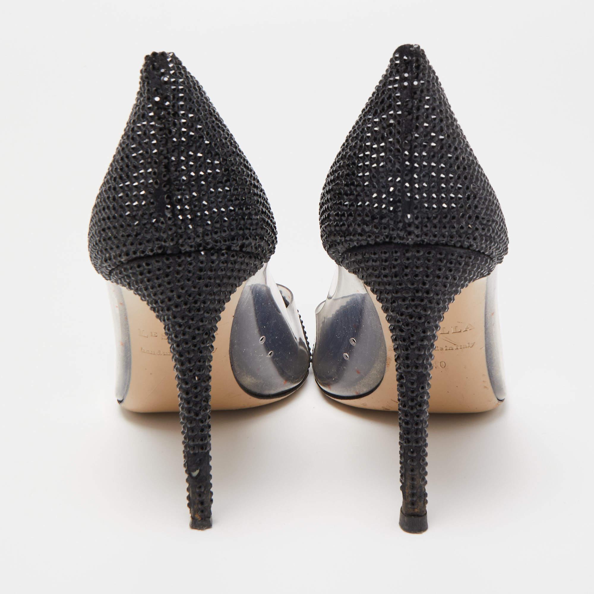 Le Silla Black Crystal Embellished Leather and PVC Pointed Toe Pumps Size 40 For Sale 1