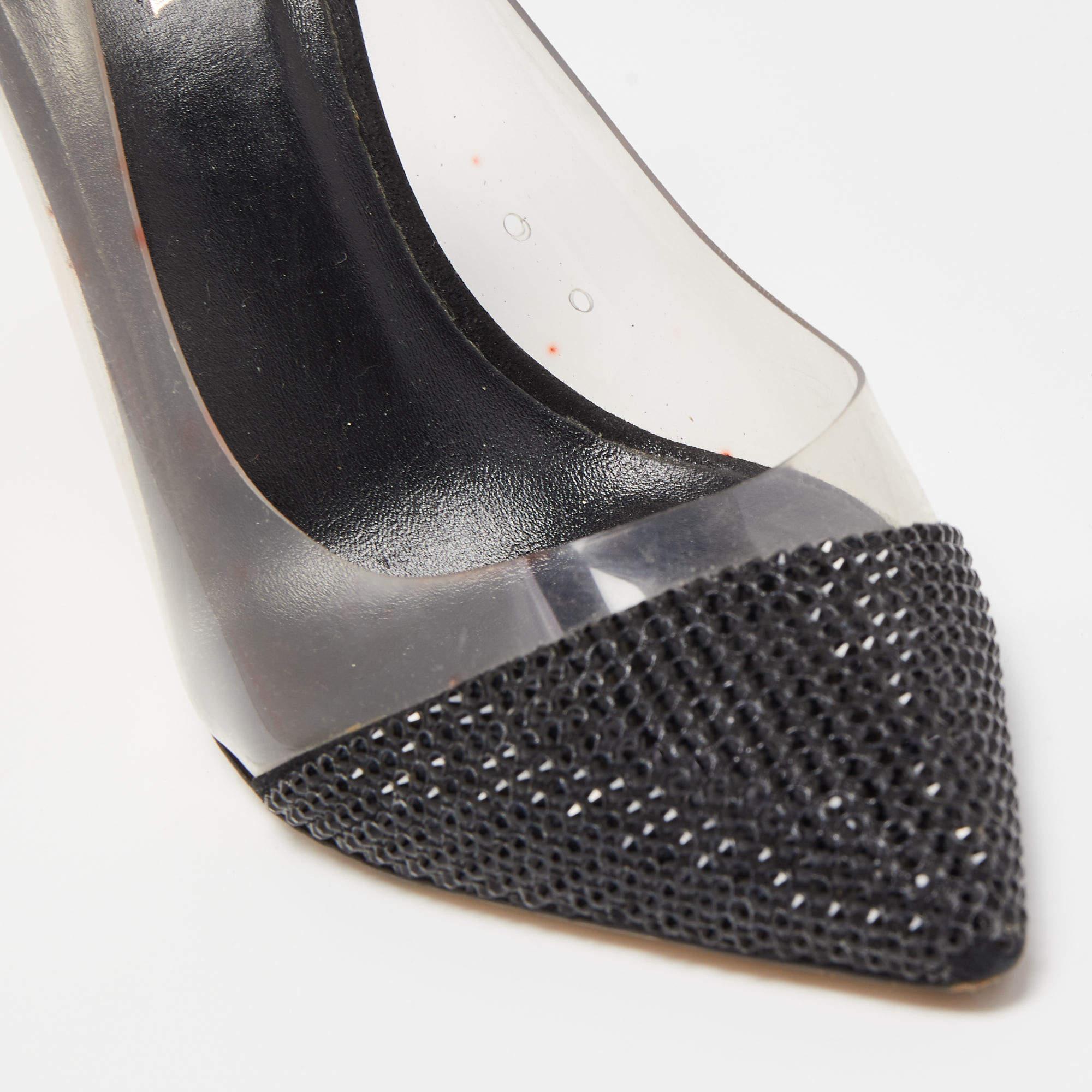 Le Silla Black Crystal Embellished Leather and PVC Pointed Toe Pumps Size 40 For Sale 3