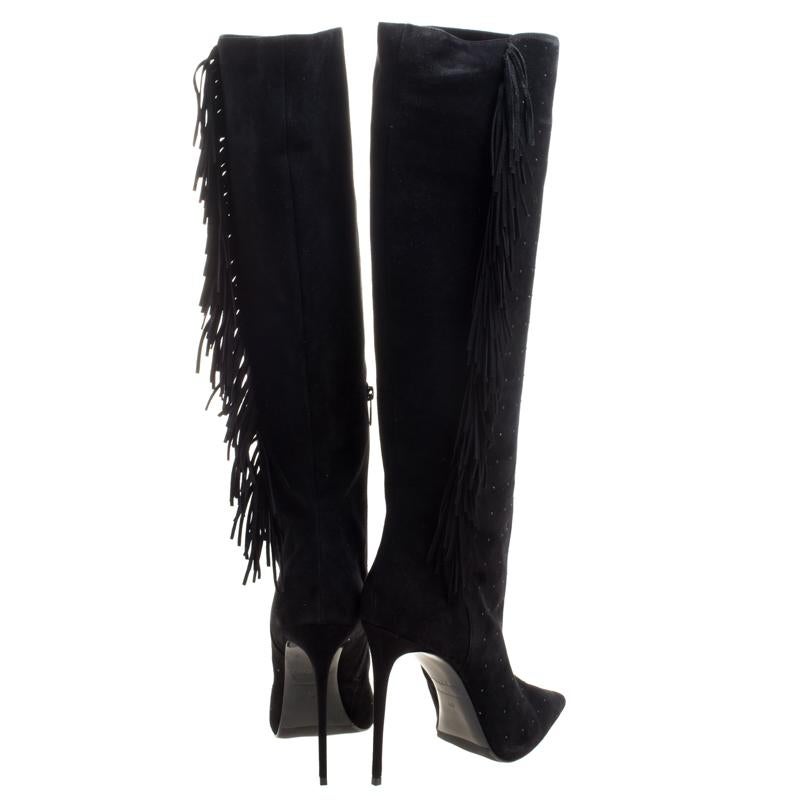 Le Silla Black Fringed Suede Tiny Velour Knee Length Boots Size 40 In New Condition In Dubai, Al Qouz 2