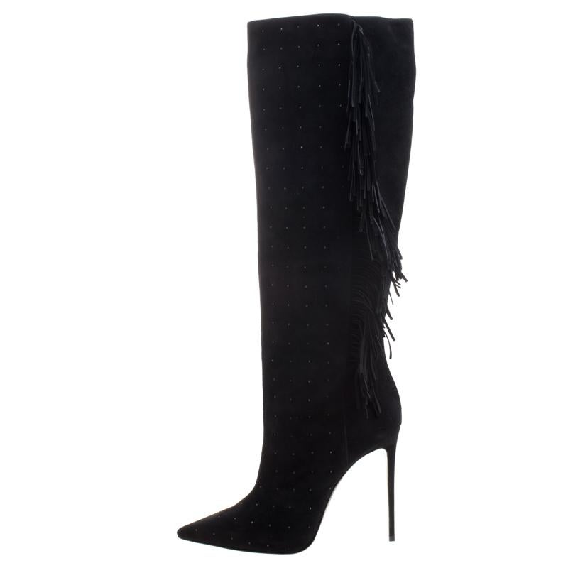 Le Silla Black Fringed Suede Tiny Velour Knee Length Boots Size 40 1