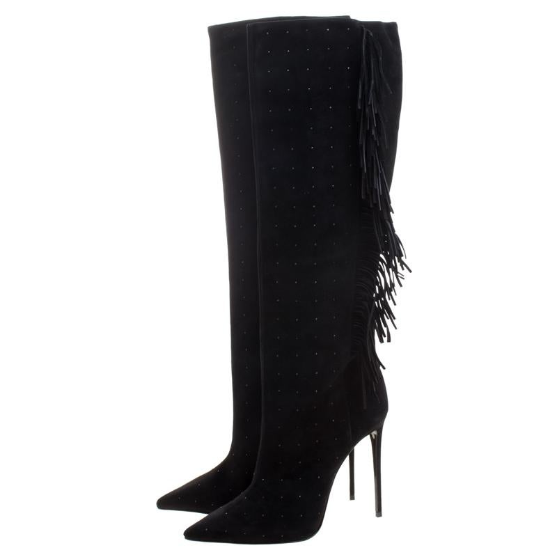 Le Silla Black Fringed Suede Tiny Velour Knee Length Boots Size 40 2
