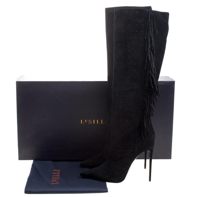 Le Silla Black Fringed Suede Tiny Velour Knee Length Boots Size 40 4