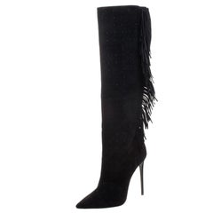 Le Silla Black Fringed Suede Tiny Velour Knee Length Boots Size 40
