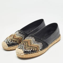 Le Silla Black Leather and Embellished Suede Espadrille Flats Size 37