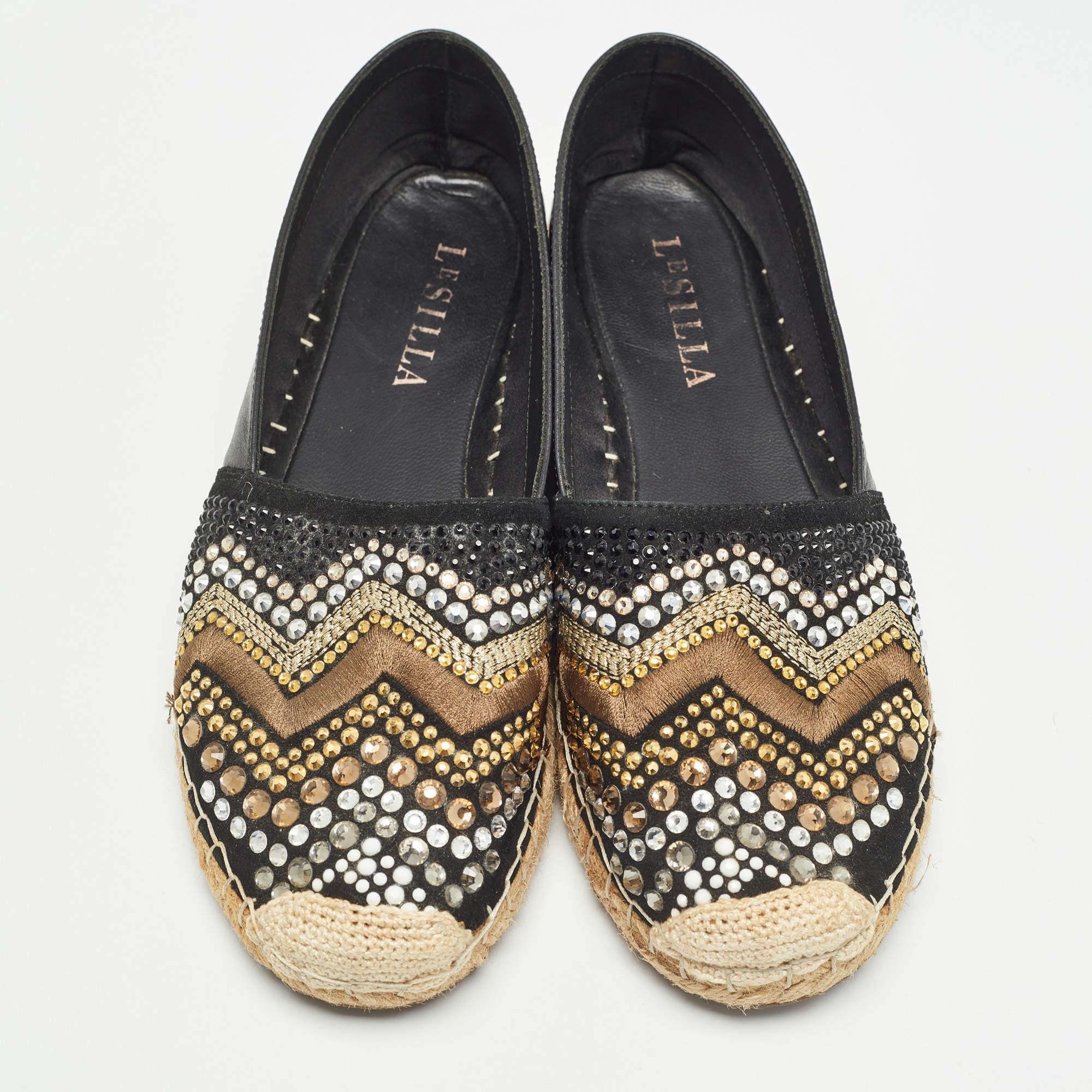 Nero Le Silla - Pelle nera e pelle scamosciata impreziosita - Appartamenti Espadrille Taglia 37 in vendita