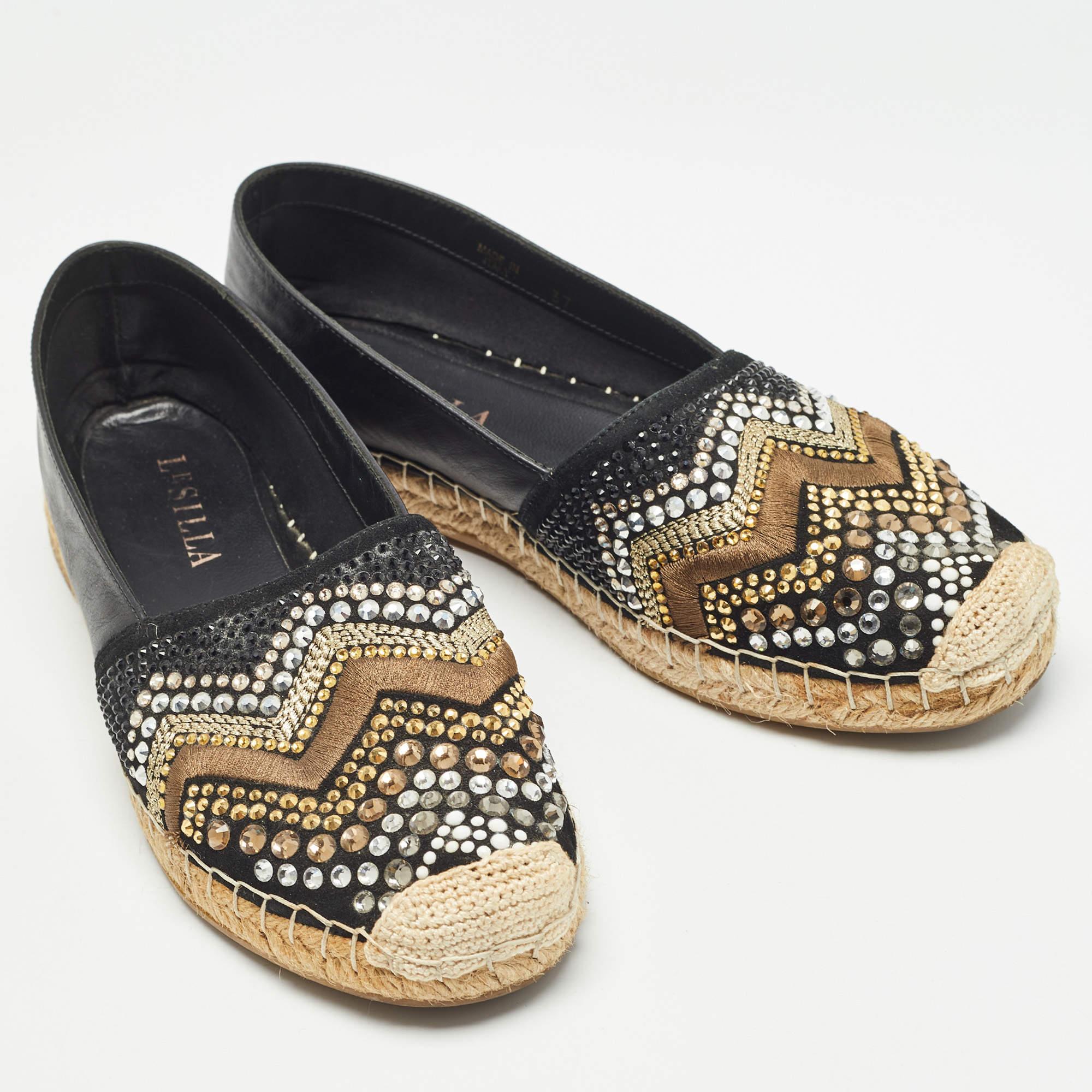 Le Silla - Pelle nera e pelle scamosciata impreziosita - Appartamenti Espadrille Taglia 37 In condizioni buone in vendita a Dubai, Al Qouz 2