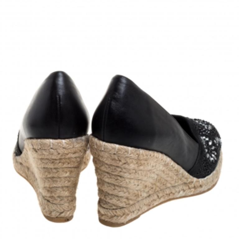 Women's Le Silla Black Leather And Suede Embellished Wedge Espadrille Pumps Size 37 For Sale