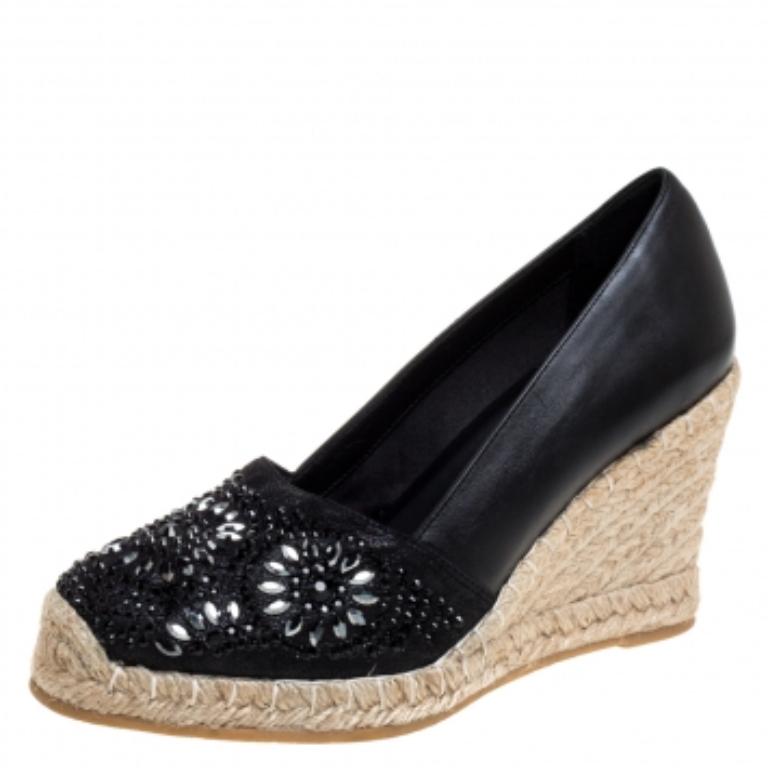 Le Silla Black Leather And Suede Embellished Wedge Espadrille Pumps Size 37 For Sale 1