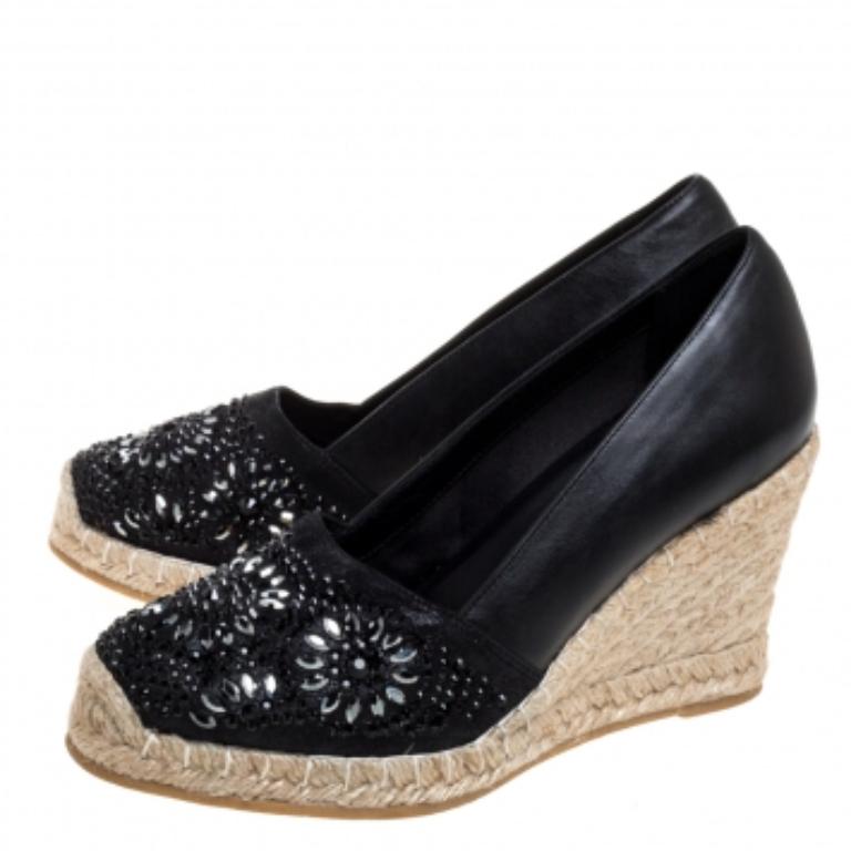 Le Silla Black Leather And Suede Embellished Wedge Espadrille Pumps Size 37 For Sale 2