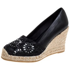 Le Silla Black Leather And Suede Embellished Wedge Espadrille Pumps Size 37