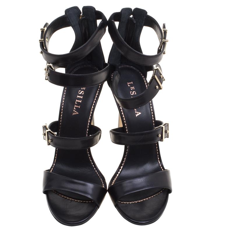 Le Silla Black Leather Minerva Strappy Sandals Size 38.5 In Good Condition In Dubai, Al Qouz 2