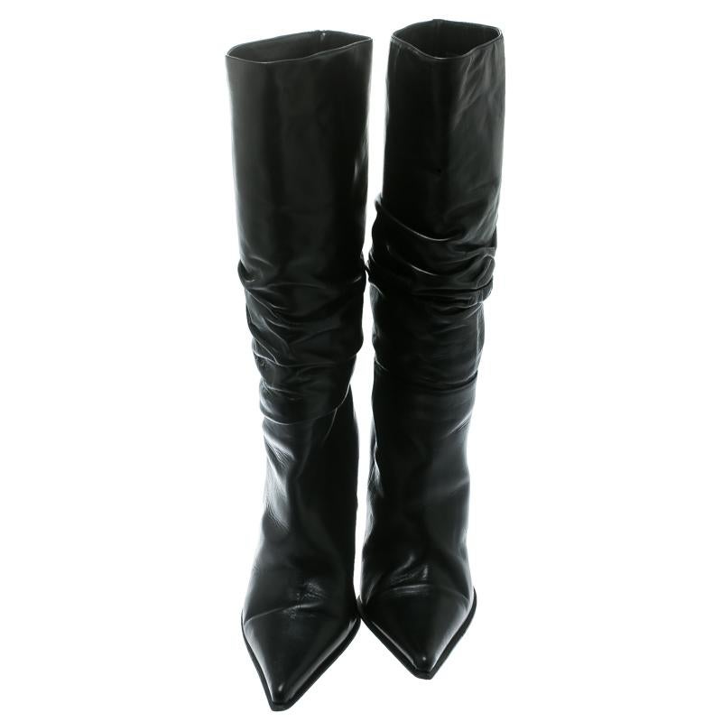 Le Silla Black Leather Rucched Detail Calf Length Pointed Toe Boots Size 38 In Good Condition In Dubai, Al Qouz 2