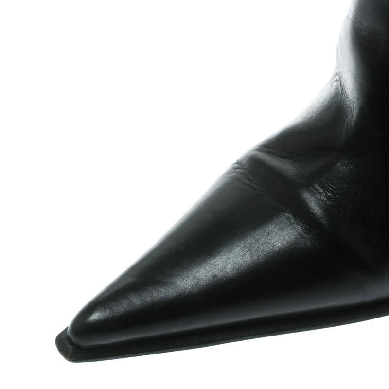 Women's Le Silla Black Leather Rucched Detail Calf Length Pointed Toe Boots Size 38 For Sale