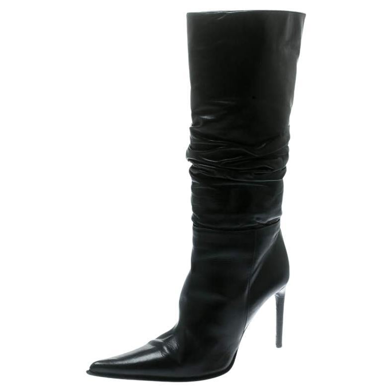 Le Silla Black Leather Rucched Detail Calf Length Pointed Toe Boots Size 38 For Sale