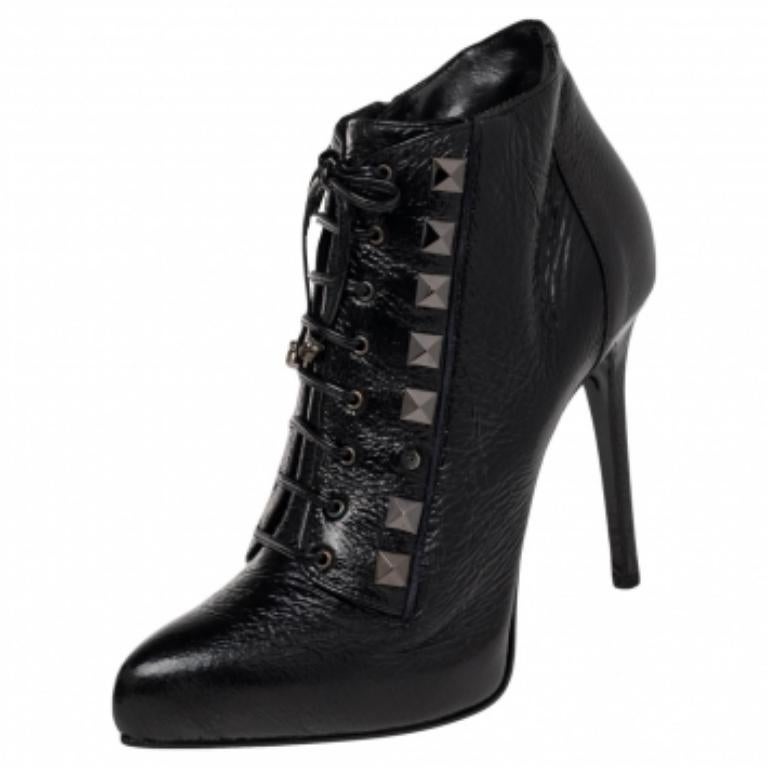 Le Silla Black Patent Leather Lace Up Studded  Ankle Booties Size 38.5 1
