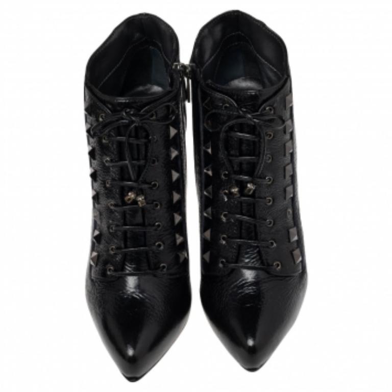 Le Silla Black Patent Leather Lace Up Studded  Ankle Booties Size 38.5 3