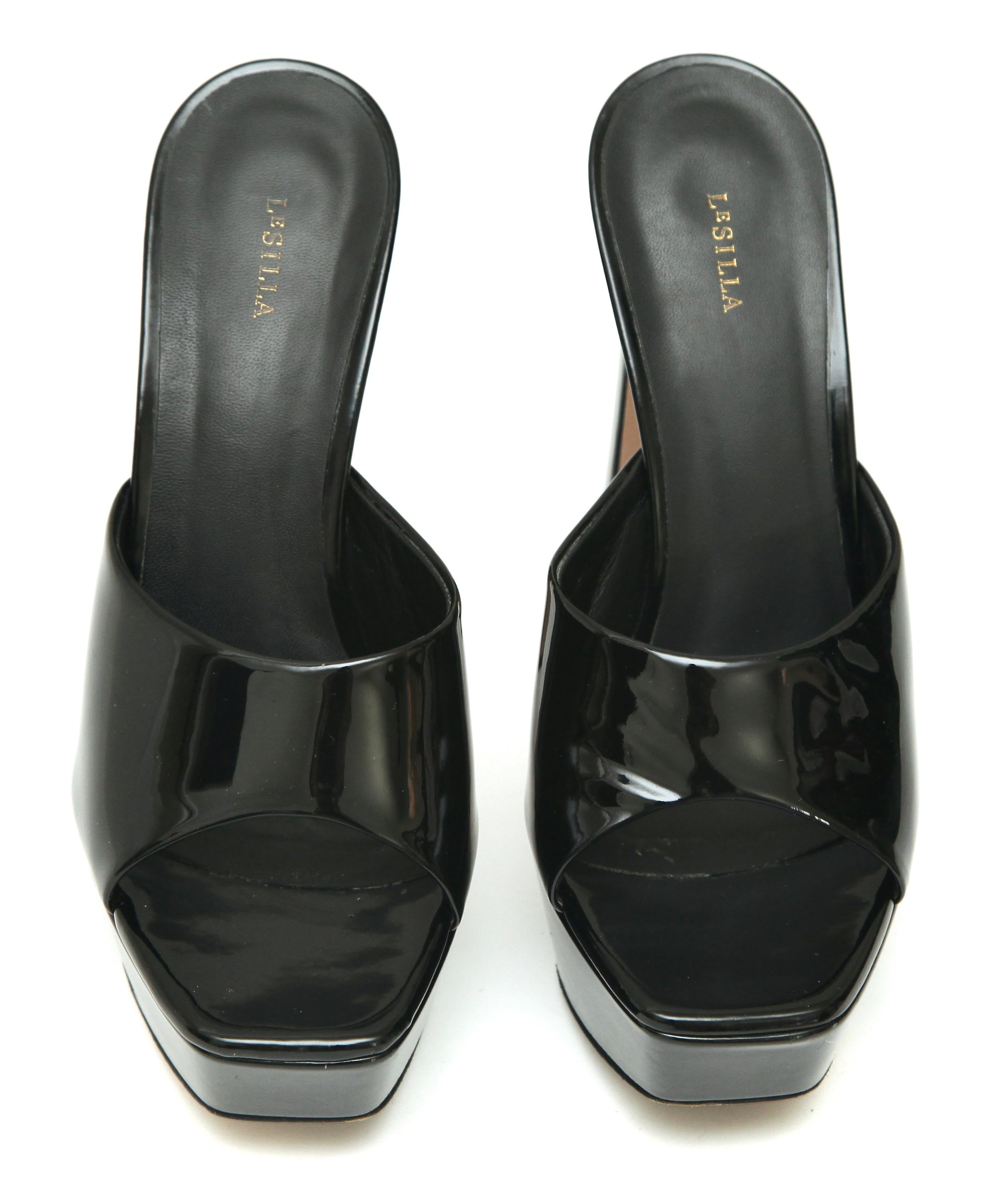 Women's LE SILLA Black Patent Leather RESORT Mule Sandal Platform Heel Slip On 38 $790 For Sale