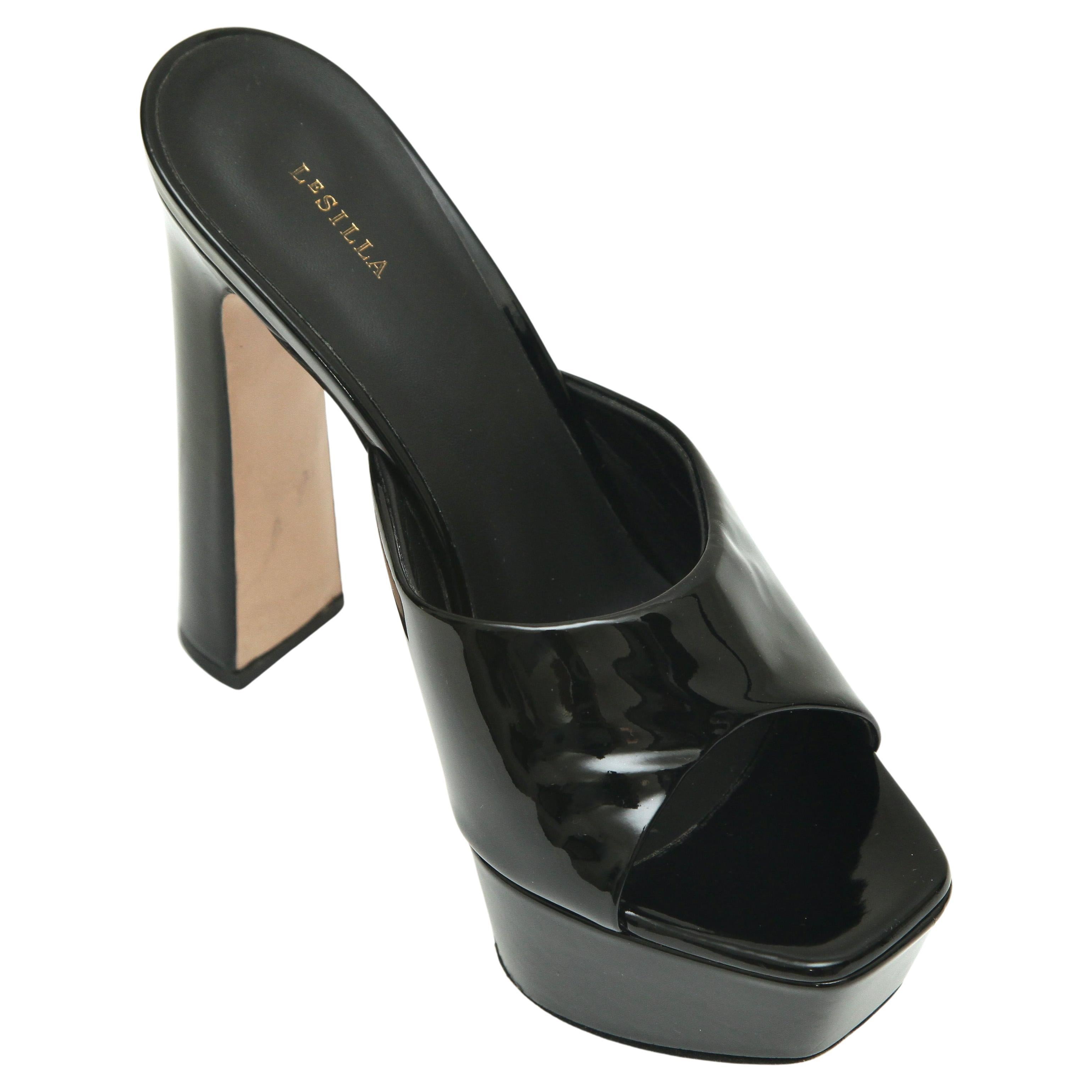 LE SILLA Black Patent Leather RESORT Mule Sandal Platform Heel Slip On 38 $790 For Sale