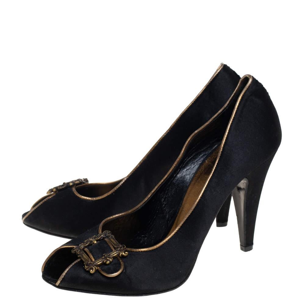 Women's Le Silla Black Satin Buckle Peep-Toe Pumps Size 39
