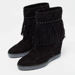 Le Silla Black Suede Concealed Fringed Wedge Boots Size 37