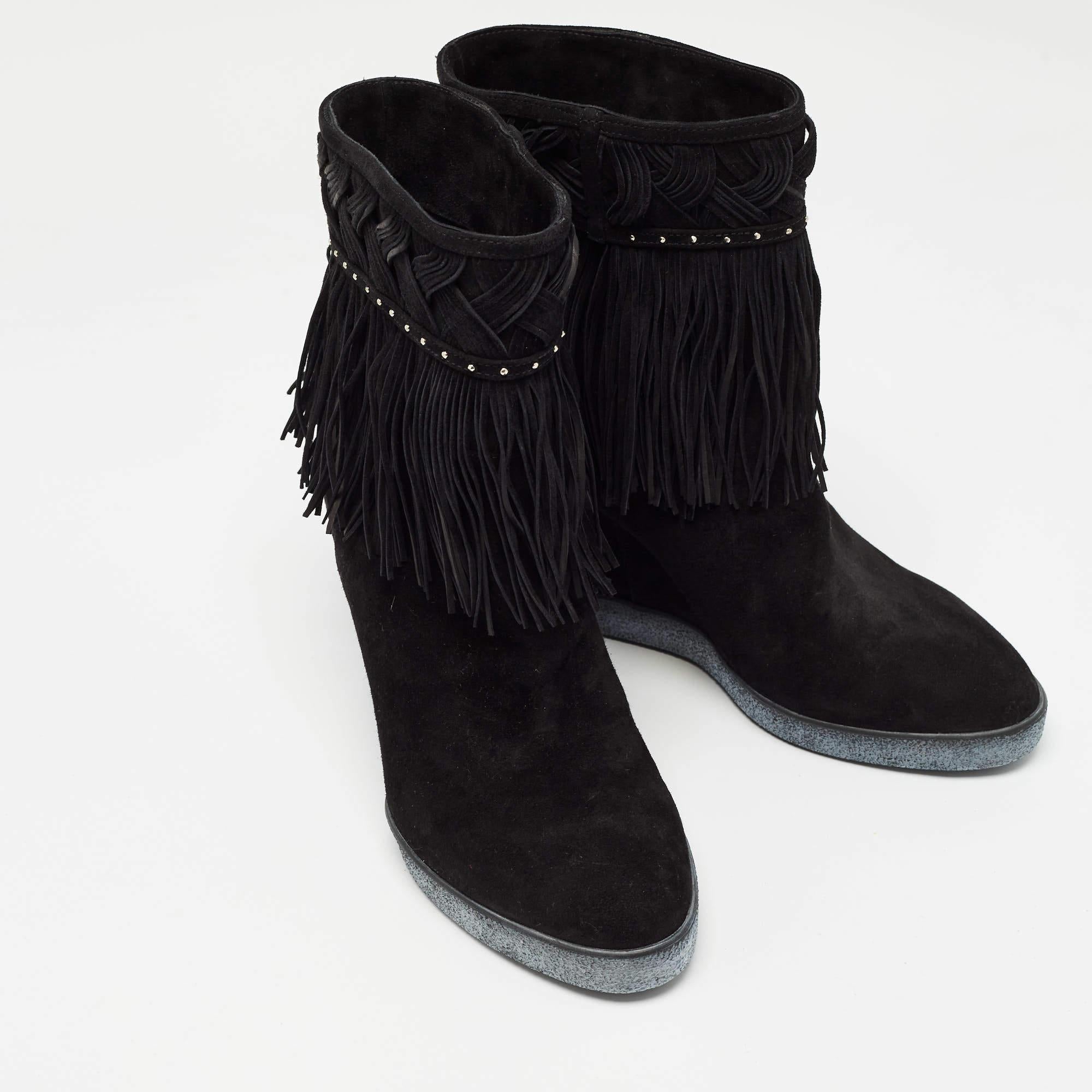 Women's Le Silla Black Suede Concealed Fringed Wedge Boots Size 37 For Sale