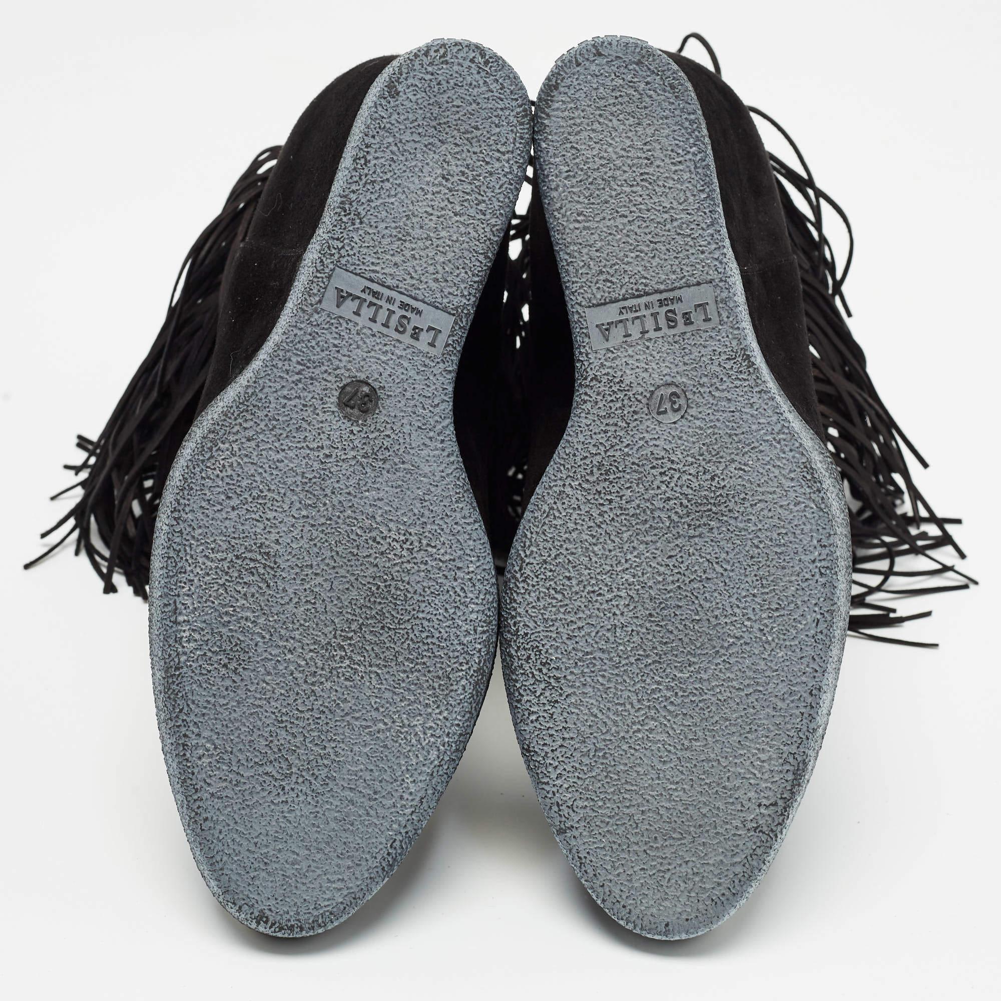Le Silla Black Suede Concealed Fringed Wedge Boots Size 37 For Sale 2