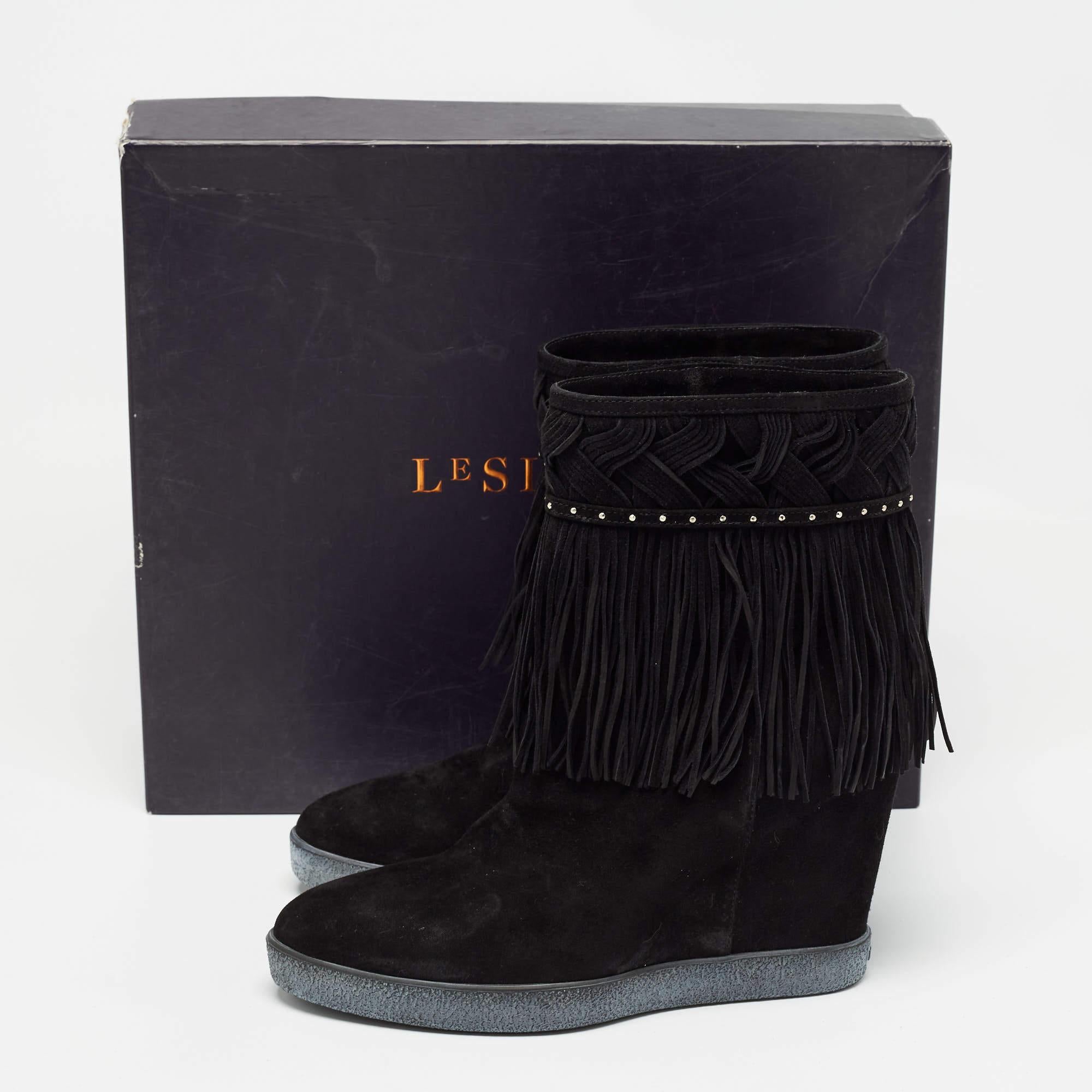 Le Silla Black Suede Concealed Fringed Wedge Boots Size 37 For Sale 4