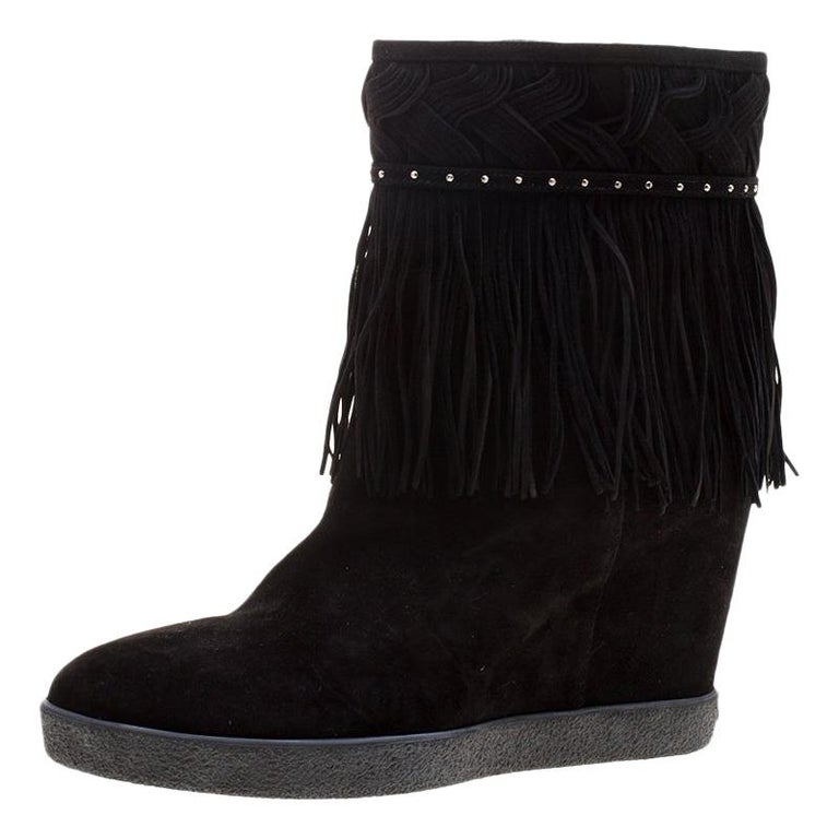 Le Silla Black Suede Concealed Fringed Wedge Boots Size 37.5 at 1stDibs