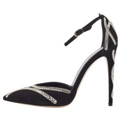Le Silla Black Suede Crystal Embellished Ankle Strap Pumps Size 38.5
