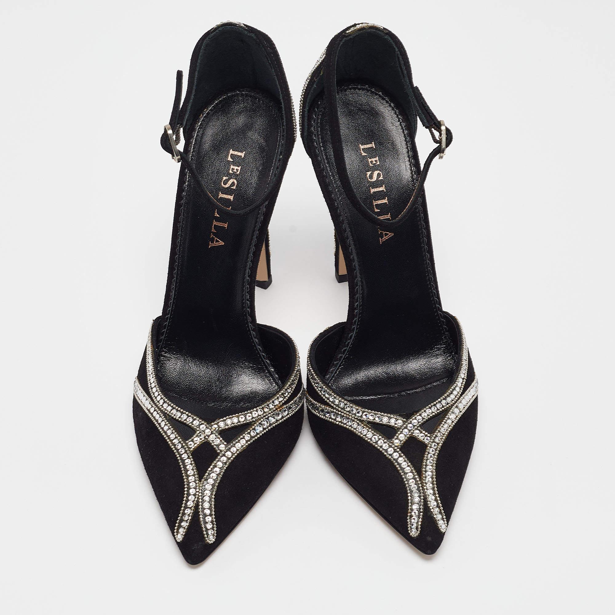 Noir Le Silla Black Suede Crystal Embellished Mary Jane Pumps Size 38.5 en vente