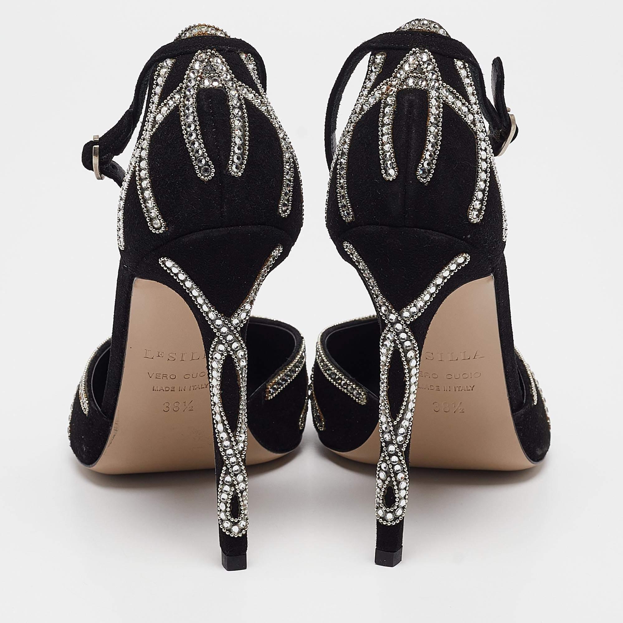 Le Silla Black Suede Crystal Embellished Mary Jane Pumps Size 38.5 Pour femmes en vente