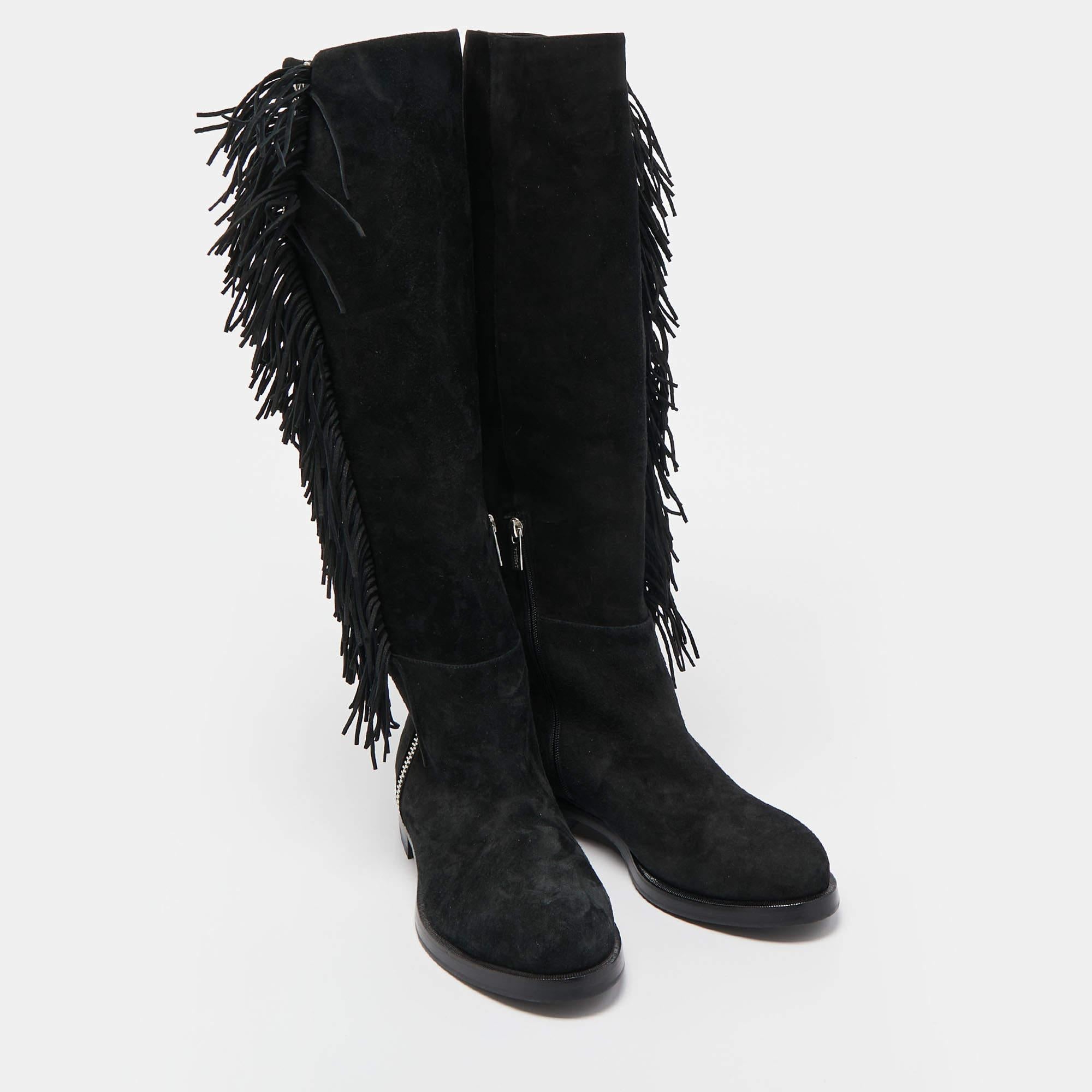 Le Silla Black Suede Fringe Detail Knee Length Boots Size 37.5 For Sale 3