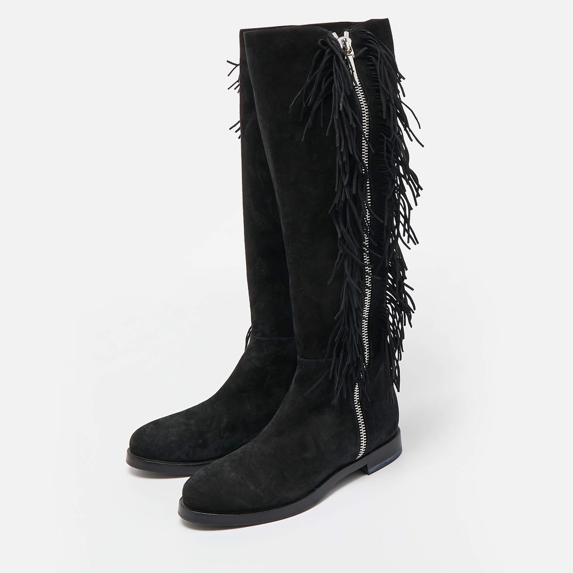 Le Silla Black Suede Fringe Detail Knee Length Boots Size 37.5 For Sale 4