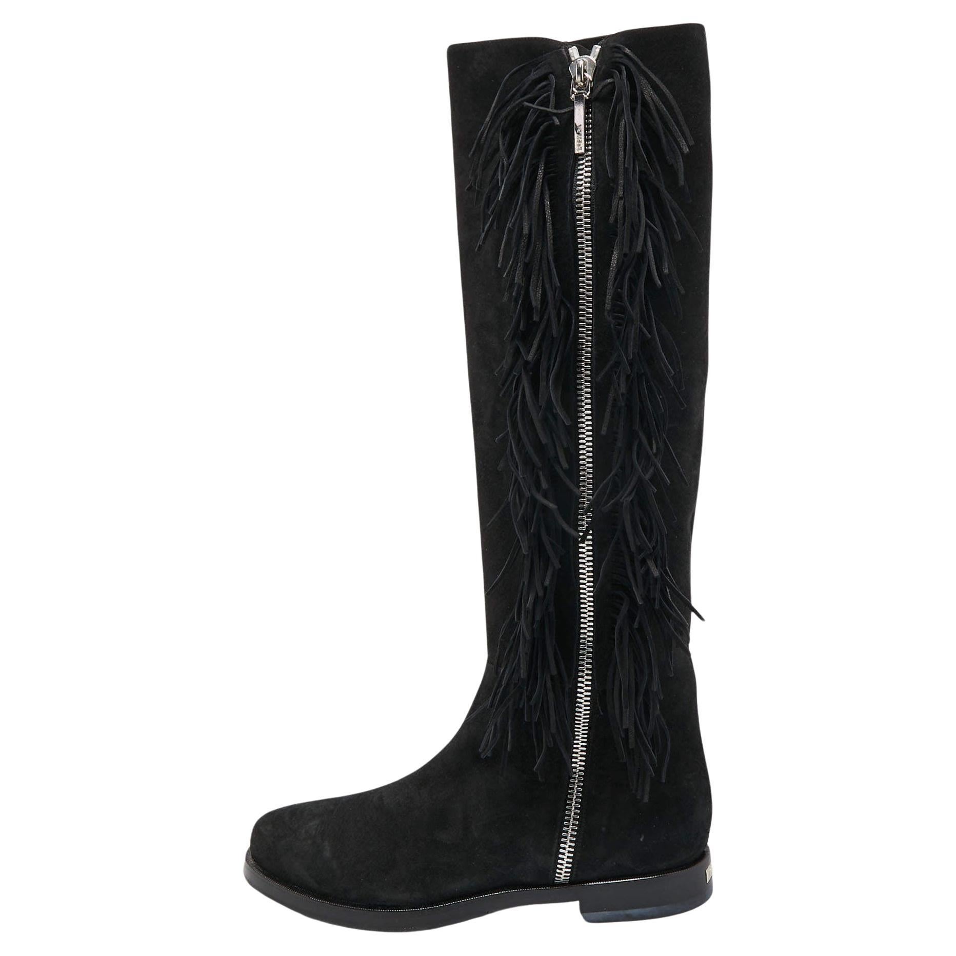 Le Silla Black Suede Fringe Detail Knee Length Boots Size 37.5 For Sale